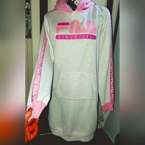 Fila Women's Hoodie Dress in Pink and White With Kangaroo Pocket